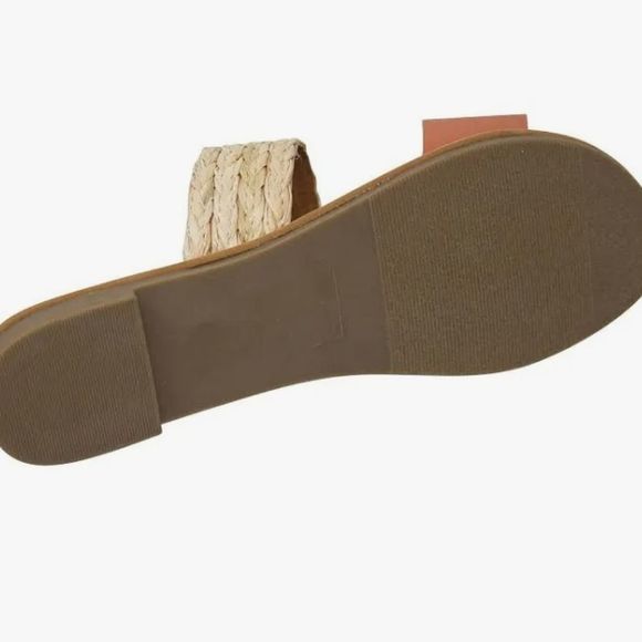 Qupid Two Band Slip-On Flat Sandals- Coral/Straw Tan - Picture 5 of 10